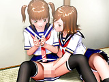 Pigtailed teen in school uniform and her friend rocking with their classmate