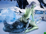 Purple-haired beauty riding blue cock backwards on the ice